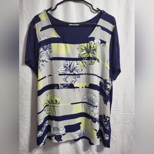 Ricki's Navy and Yellow Floral Striped Tee,  Size XXL